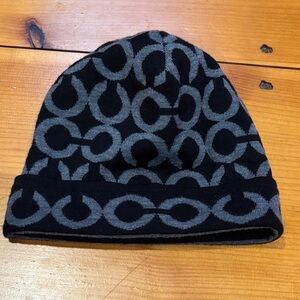 Vintage COACH O/S Black Charcoal Logo Printed 100% Merino Wool Beanie Cap Hat